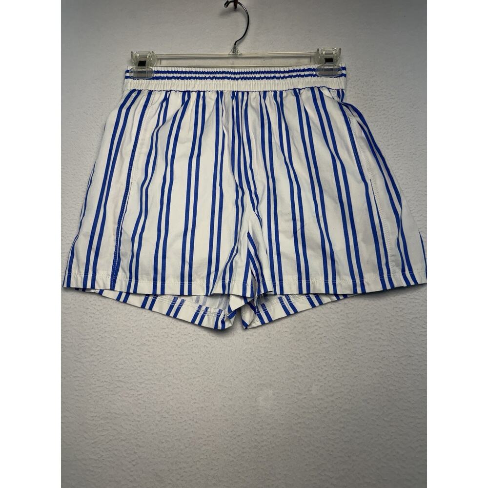 New No Tags Blue White Pull on Stretch Waist L Shorts Nautical Coastal Cotton